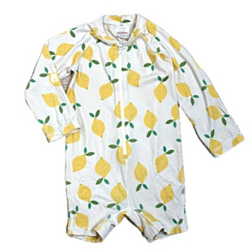 Hanna Andersson Baby Lemon Print One Piece Zip Rash Guard Swim Suit Size 2T